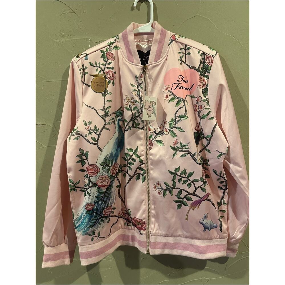 Too Faced Pink Floral & Bird Satin Bomber Jacket